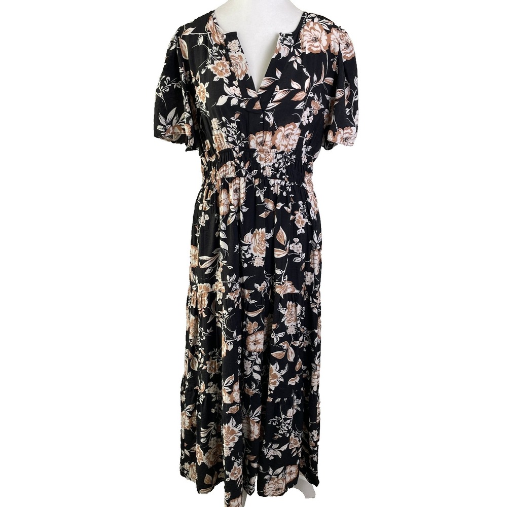 By The River Maxi Dress Large Black Floral Neutral Flutter Sleeve Cottagecore